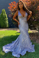 Load image into Gallery viewer, Light Purple Deep V Neck Sequin Mermaid Prom Dress