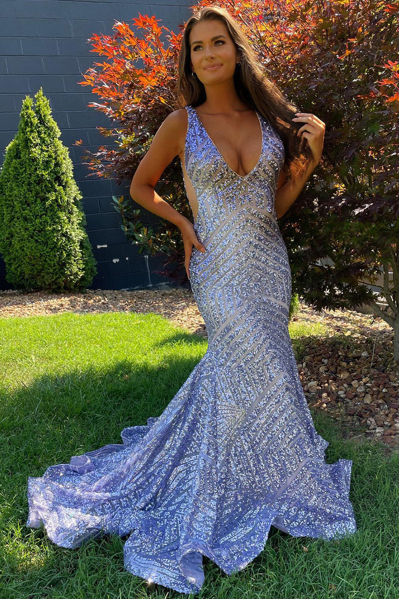 Load image into Gallery viewer, Dark Green Deep V Neck Sequin Mermaid Prom Dress