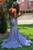 Load image into Gallery viewer, Dark Green Deep V Neck Sequin Mermaid Prom Dress