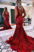 Load image into Gallery viewer, Orange Sparkly Deep V Neck Sequin Mermaid Prom Dress