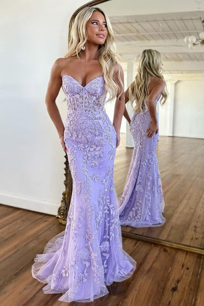 Purple Strapless Prom Dress with Appliques