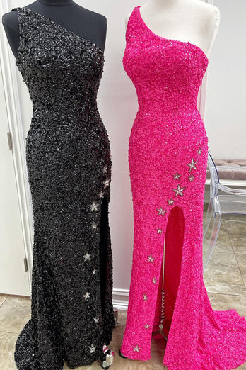 Fuchsia Stars Sequins Prom Dress