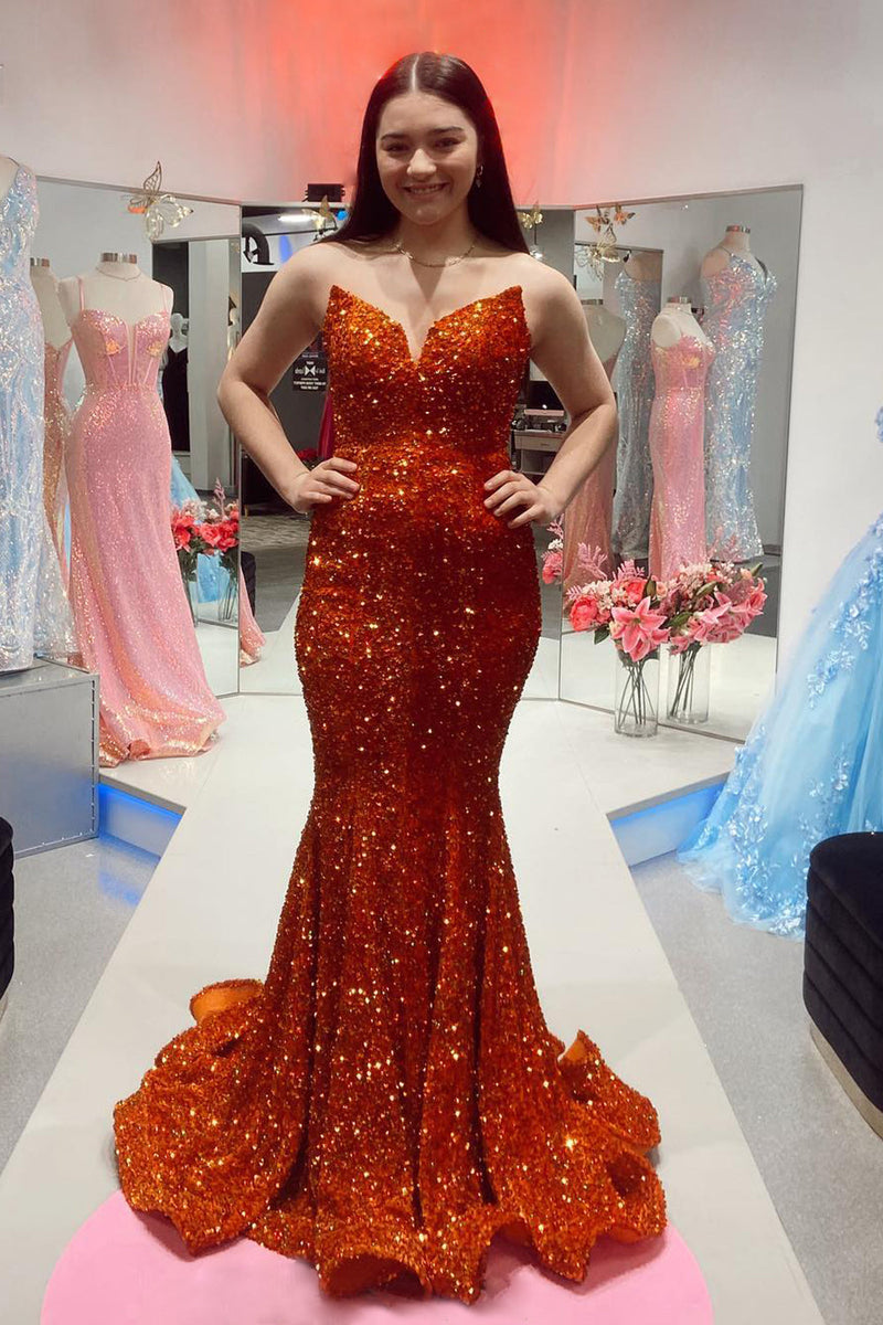 Load image into Gallery viewer, Strapless Sequins Royal Blue Mermaid Prom Dress