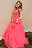Load image into Gallery viewer, Women Coral Long Prom Dress with Appliques Tulle Spaghetti Straps Formal Dress