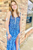 Load image into Gallery viewer, Sparkly Blue Sheath Sequins Long Prom Dress with Slit