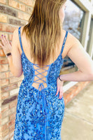 Load image into Gallery viewer, Sparkly Blue Sheath Sequins Long Prom Dress with Slit