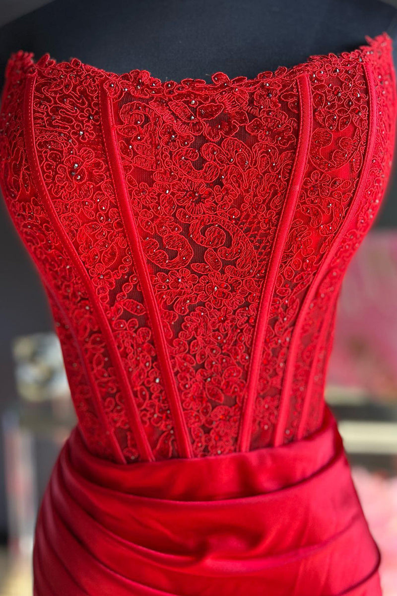 Load image into Gallery viewer, Sparkly Red Sheath Corset Long Prom Dress with Lace
