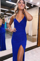 Load image into Gallery viewer, Sparkly Royal Blue Sequins Long Prom Dress with Slit