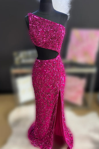 Sparkly Peacock Blue Sequins Mermaid One Shoulder Long Prom Dress with Slit