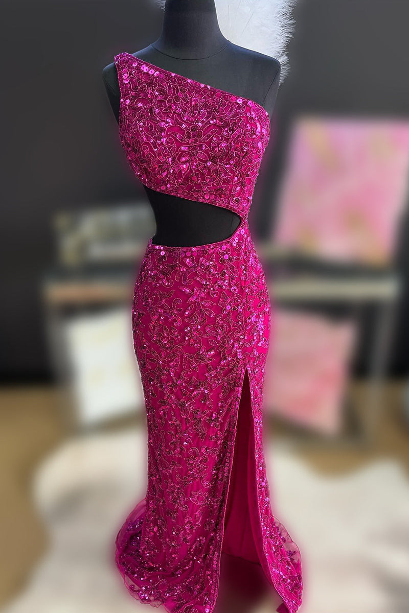 Load image into Gallery viewer, Sparkly Peacock Blue Sequins Mermaid One Shoulder Long Prom Dress with Slit