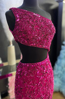 Load image into Gallery viewer, Sparkly Peacock Blue Sequins Mermaid One Shoulder Long Prom Dress with Slit