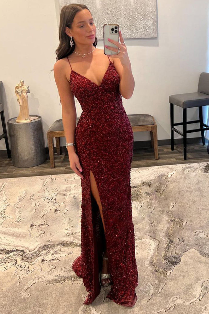 Load image into Gallery viewer, Sparkly Dark Red Sequins Long Prom Dress with Slit