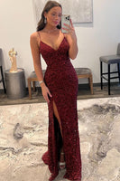 Load image into Gallery viewer, Sparkly Dark Red Sequins Long Prom Dress with Slit