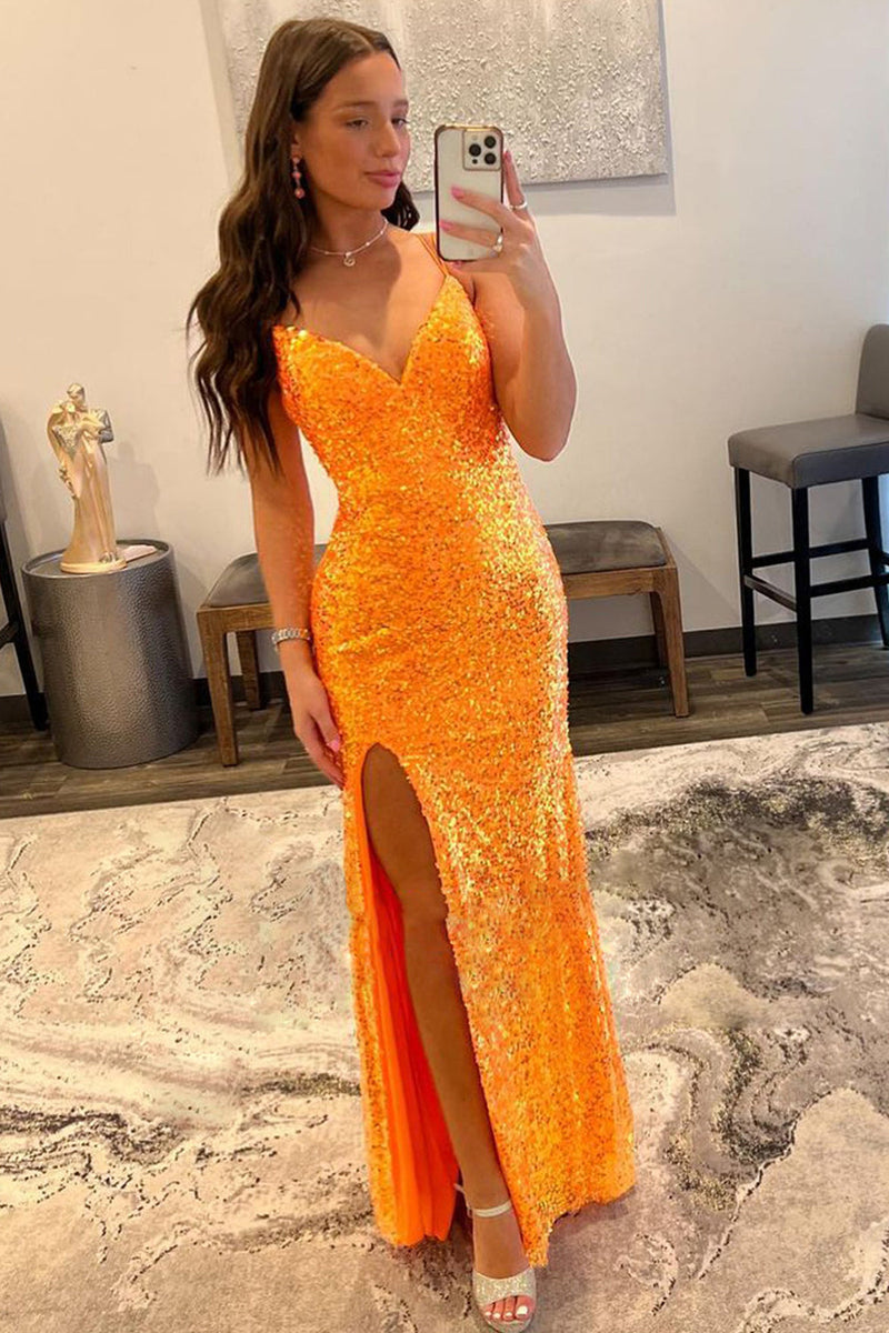 Load image into Gallery viewer, Sparkly Orange Sequins Long Prom Dress with Slit