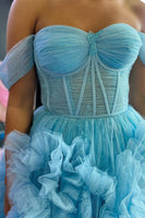 Load image into Gallery viewer, Pink Corset Off the Shoulder Long Prom Dress with Ruffles