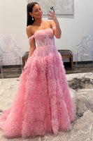 Load image into Gallery viewer, Pink Corset Off the Shoulder Long Prom Dress with Ruffles