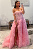 Load image into Gallery viewer, Pink Corset Off the Shoulder Long Prom Dress with Ruffles