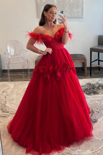 Red A-Line Corset Long Prom Dress with 3D Flowers