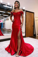 Load image into Gallery viewer, Queendancer Sparkly Red Beaded Mermaid Long Prom Dress with Slit _1