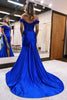 Load image into Gallery viewer, Sparkly Royal Blue Corset Detachable Neck Mermaid Long Prom Dress with Slit