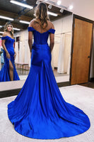 Queendancer Women Sparkly Royal Blue Long Prom Dress Corset Off The  Shoulder Mermaid Party Dress with Slit – queendanceruk
