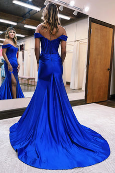 Sparkly Royal Blue Corset Detachable Neck Mermaid Long Prom Dress with Slit
