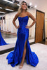 Load image into Gallery viewer, Sparkly Royal Blue Corset Detachable Neck Mermaid Long Prom Dress with Slit