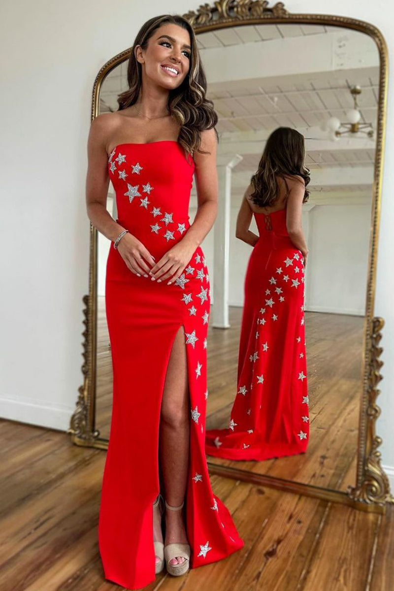 Load image into Gallery viewer, Red Strapless Mermaid Long Prom Dress with Stars
