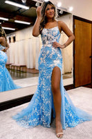 Load image into Gallery viewer, Blue Open Back Mermaid Lace Prom Dress with Slit
