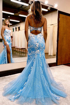 Blue Open Back Mermaid Lace Prom Dress with Slit