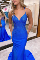 Load image into Gallery viewer, Sparkly Mermaid Royal Blue Beaded Long Prom Dress with Appliques