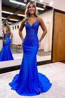 Load image into Gallery viewer, Sparkly Mermaid Royal Blue Beaded Long Prom Dress with Appliques