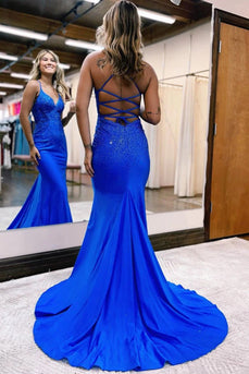Sparkly Mermaid Royal Blue Beaded Long Prom Dress with Appliques