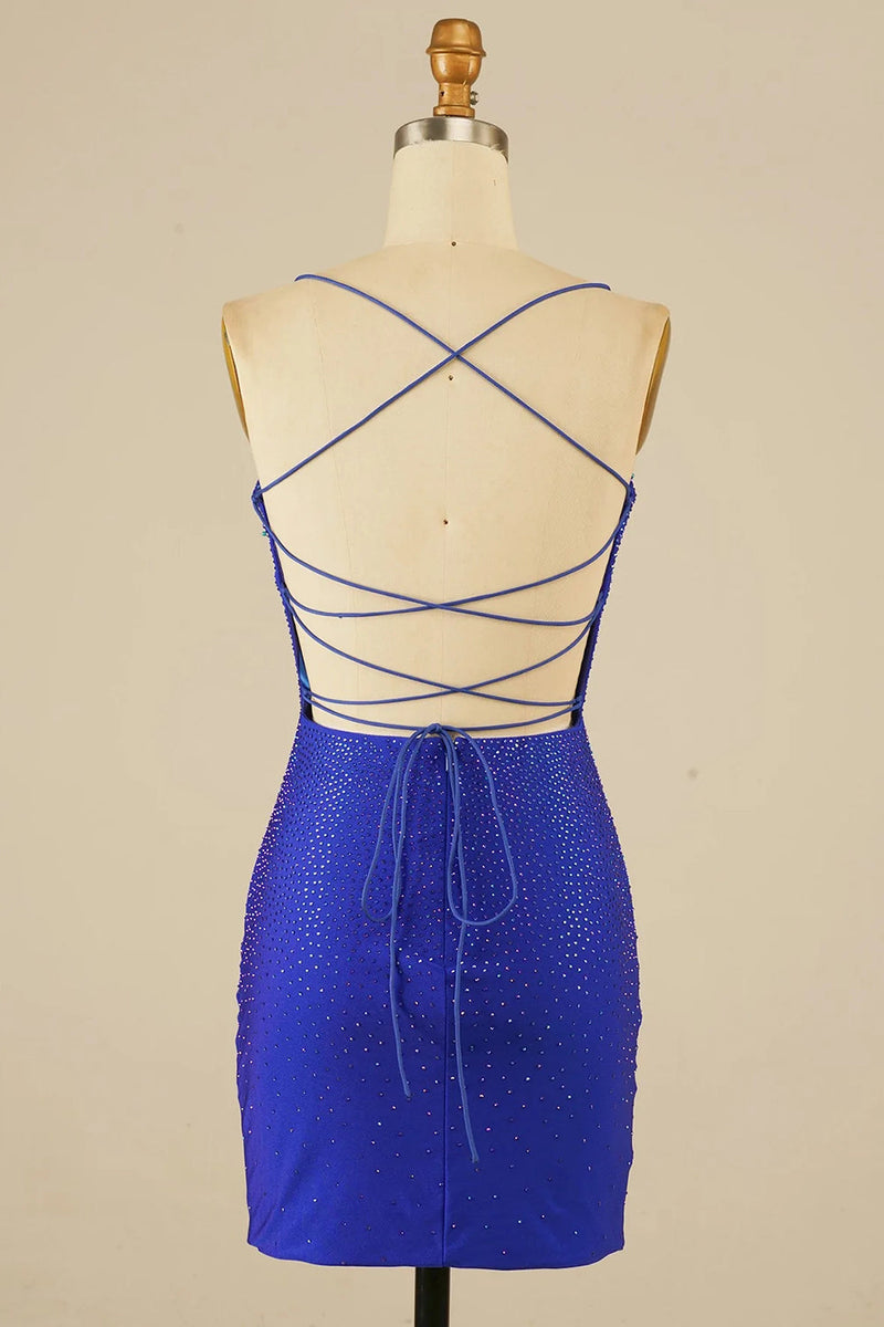 Load image into Gallery viewer, Royal Blue Halter Beaded Tight Short Prom Dress