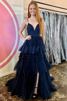 Load image into Gallery viewer, Beige Tulle Tiered Spaghetti Straps Long Prom Dress with Slit