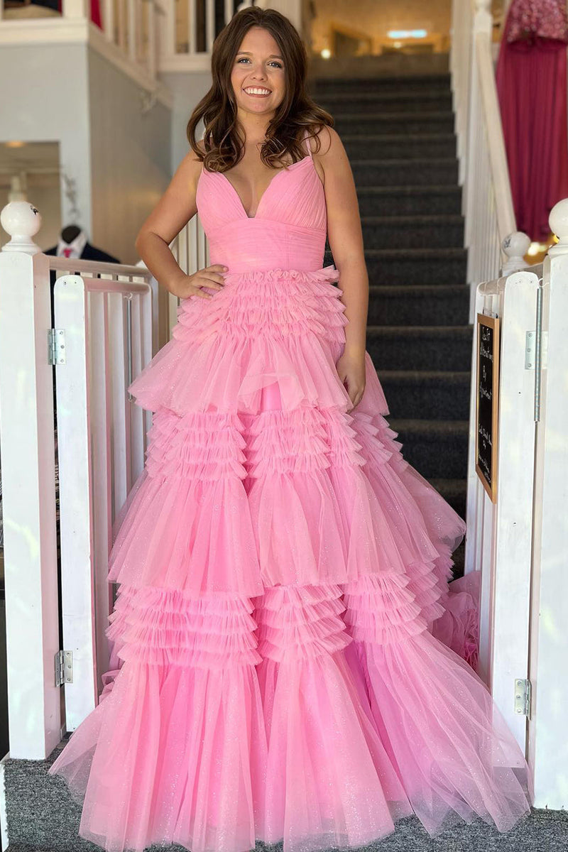 Load image into Gallery viewer, Red Tulle Spaghetti Straps Long Prom Dress