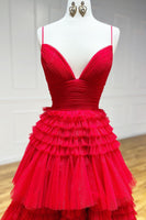 Load image into Gallery viewer, Red Tulle Spaghetti Straps Long Prom Dress