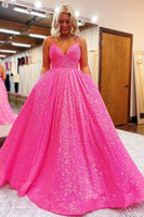 Load image into Gallery viewer, Sparkly Hot Pink Sequins A-Line Long Prom Dress