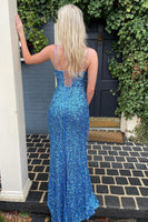 Load image into Gallery viewer, Sparkly Turquoise Mermaid Sequins Long Prom Dress with Fringes