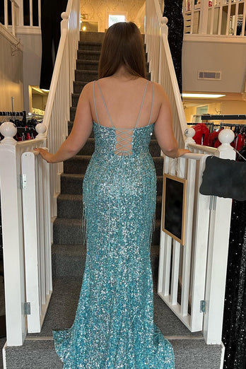 Sparkly Turquoise Mermaid Sequins Long Prom Dress with Fringes