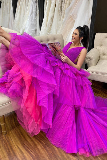 Purple Tiered Tulle A-Line Prom Dress