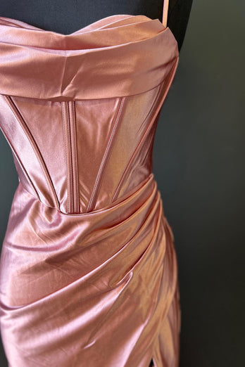Hot Pink Spaghetti Straps Satin Mermaid Prom Dress with Slit