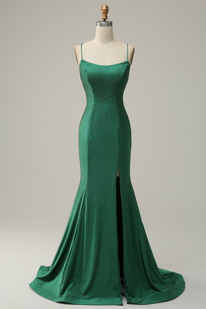 Load image into Gallery viewer, Mermaid Spaghettti Straps Dark Green Sequins Long Prom Dress with Split Front
