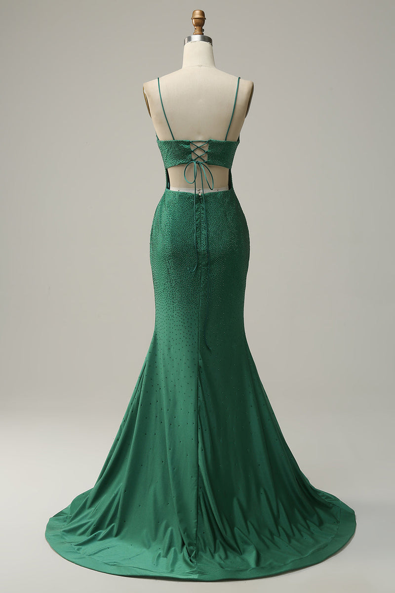 Load image into Gallery viewer, Mermaid Spaghettti Straps Dark Green Sequins Long Prom Dress with Split Front
