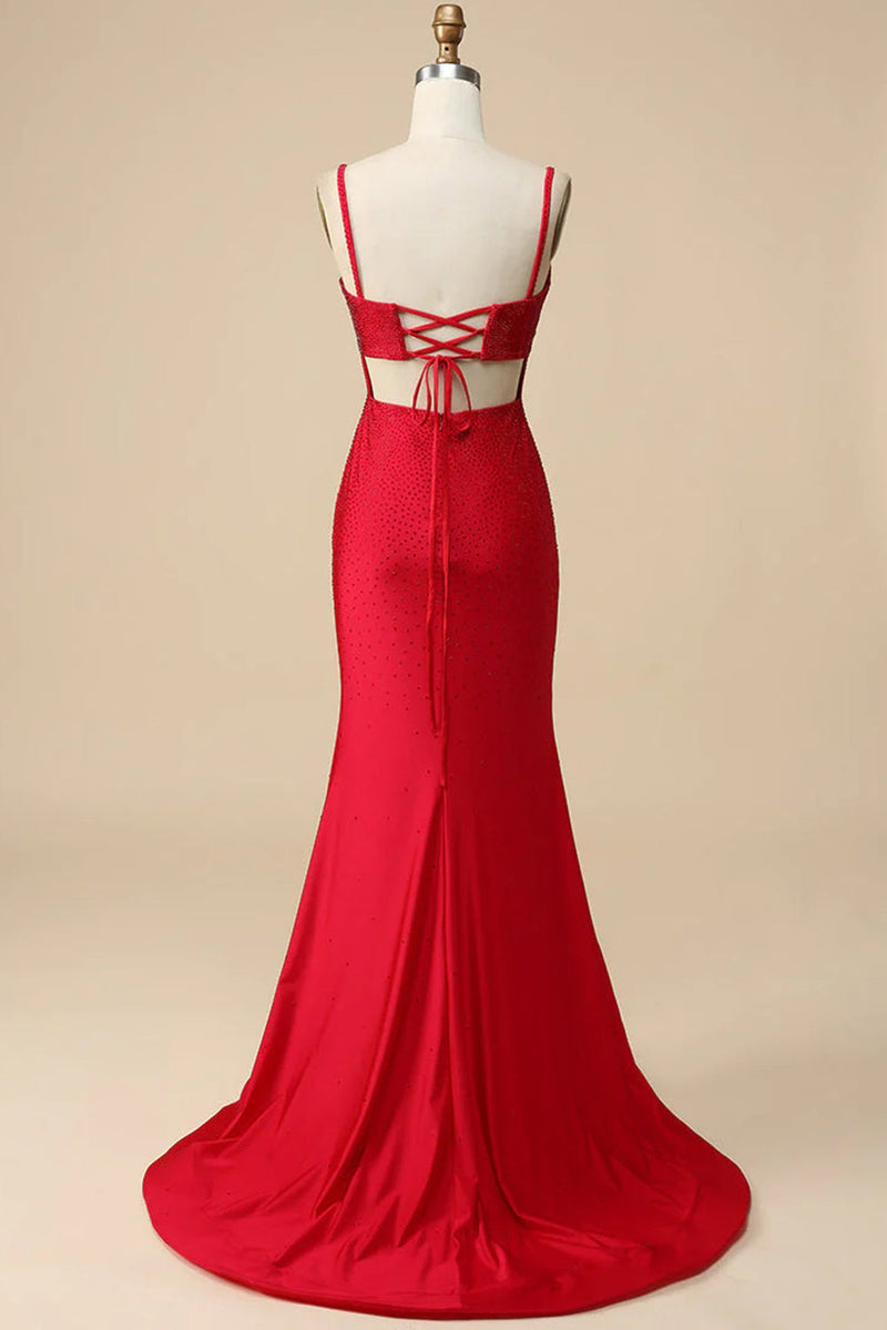 Load image into Gallery viewer, Mermaid Spaghettti Straps Red Sequins Long Prom Dress with Split Front