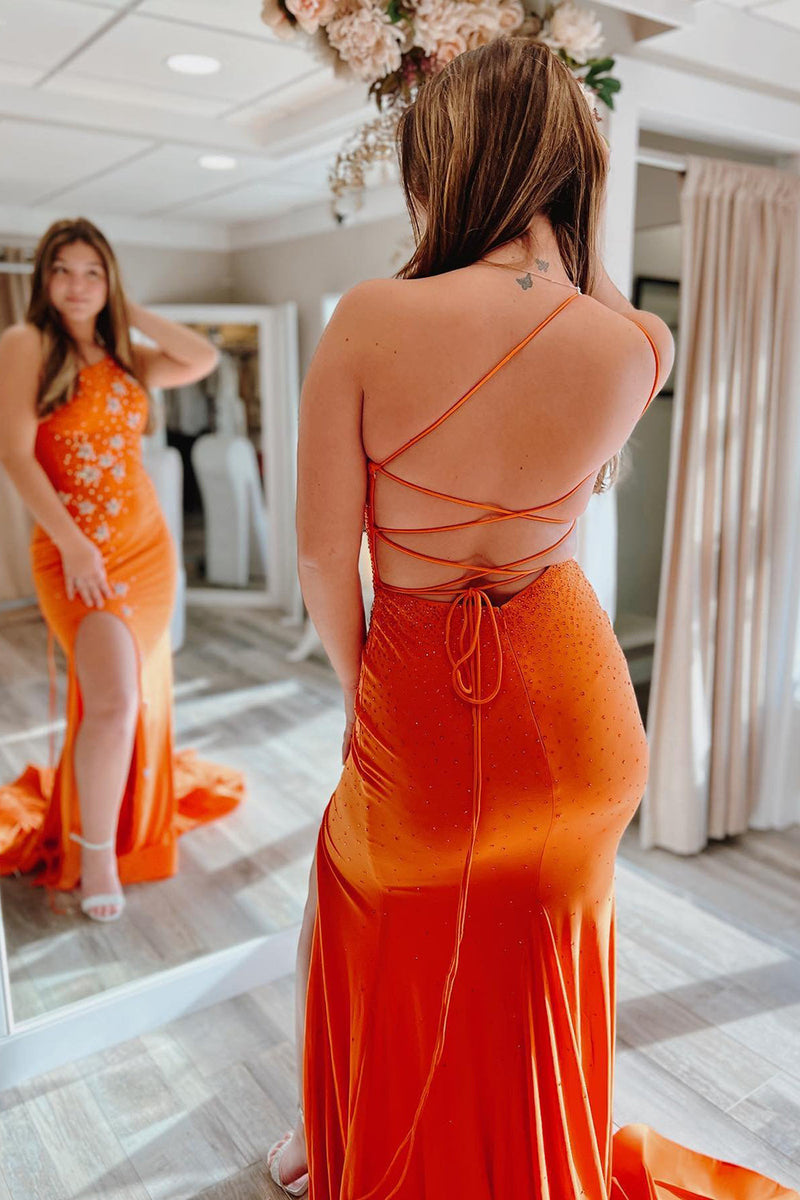 Load image into Gallery viewer, Sparkly Mermaid One Shoulder Orange Long Prom Dress with Star Appliques