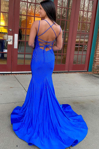Hot Pink Sequined Spaghetti Straps Prom Dress