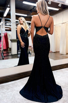 Sparkly Black Sequins Open Back Long Prom Dress