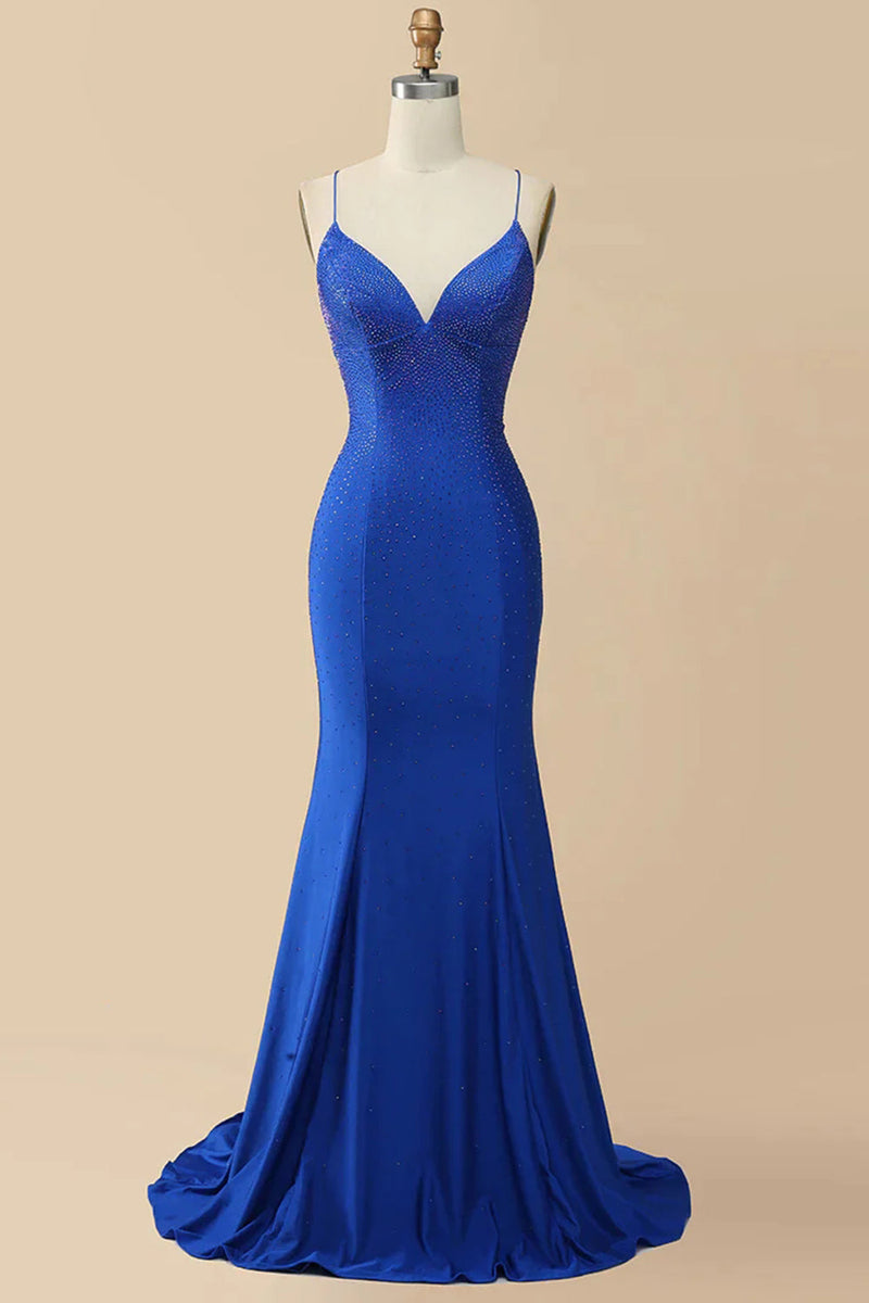 Load image into Gallery viewer, Mermaid Spaghetti Straps Red Long Prom Dress with Criss Cross Back
