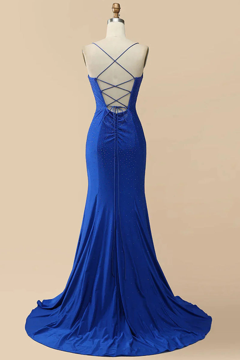 Load image into Gallery viewer, Mermaid Spaghetti Straps Red Long Prom Dress with Criss Cross Back